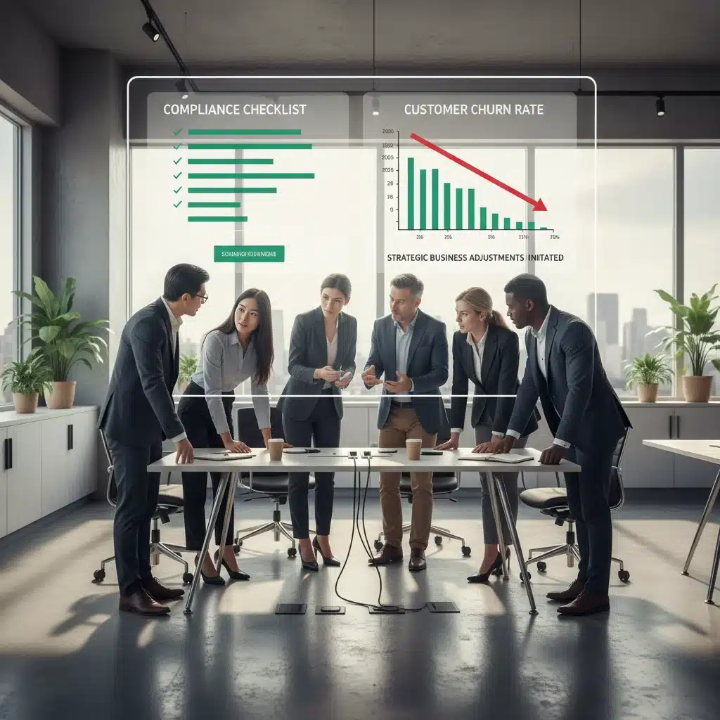 Business team analyzing compliance data and customer churn in response to new subscription regulations.