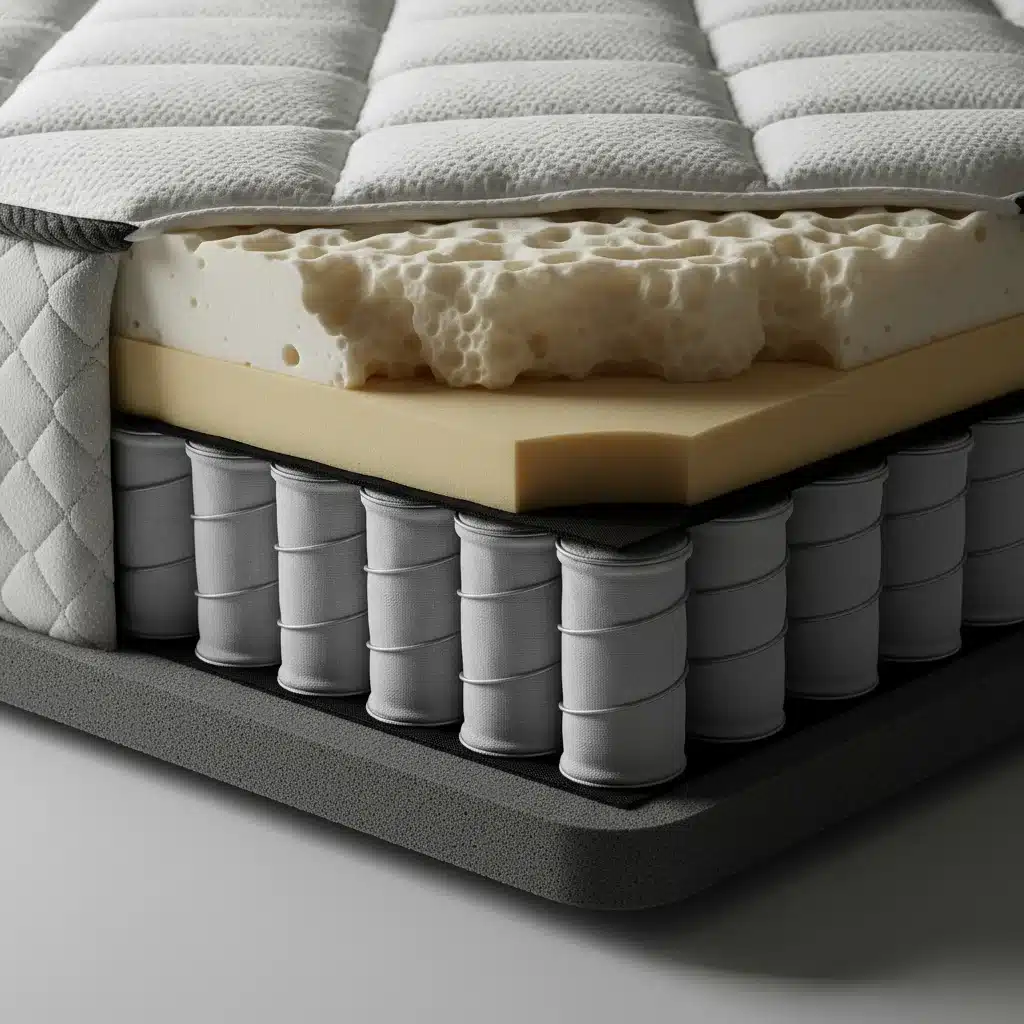 Detailed view of hybrid mattress layers, showing foam, latex, and coils.