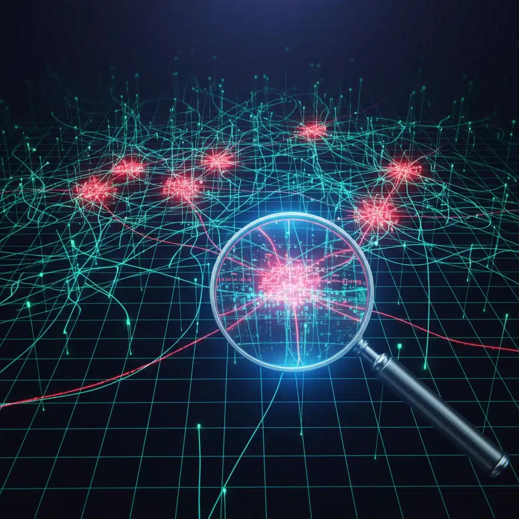 Digital network with red compromised nodes and a magnifying glass, illustrating data breach investigation