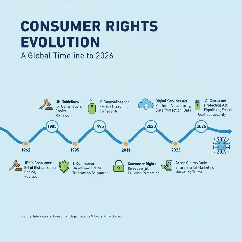 Infographic showing timeline of consumer rights evolution and legal changes