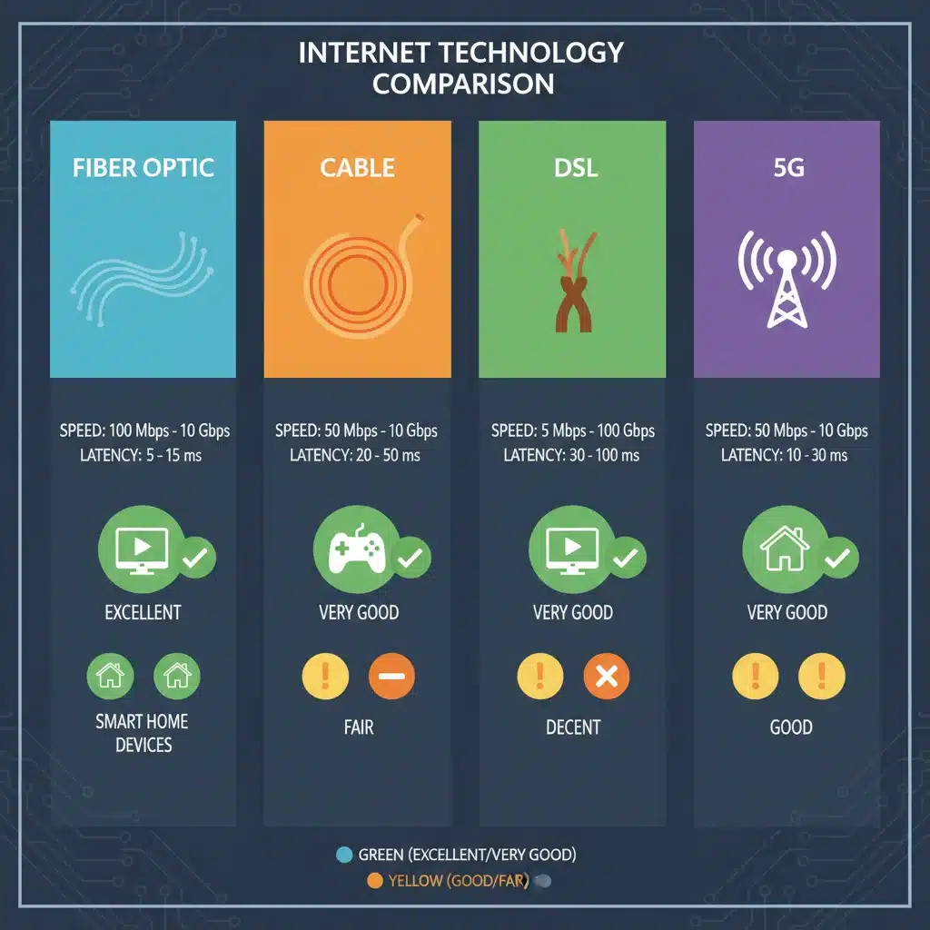 Infographic comparing fiber, cable, DSL, and 5G internet technologies with speed and latency.