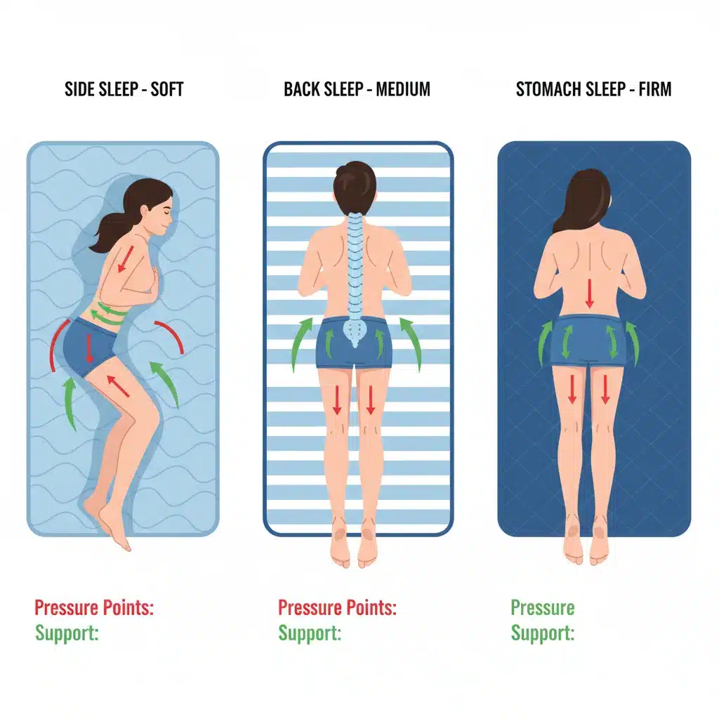 Illustrations of a person demonstrating side, back, and stomach sleeping positions, highlighting how mattress firmness affects spinal alignment and pressure relief.