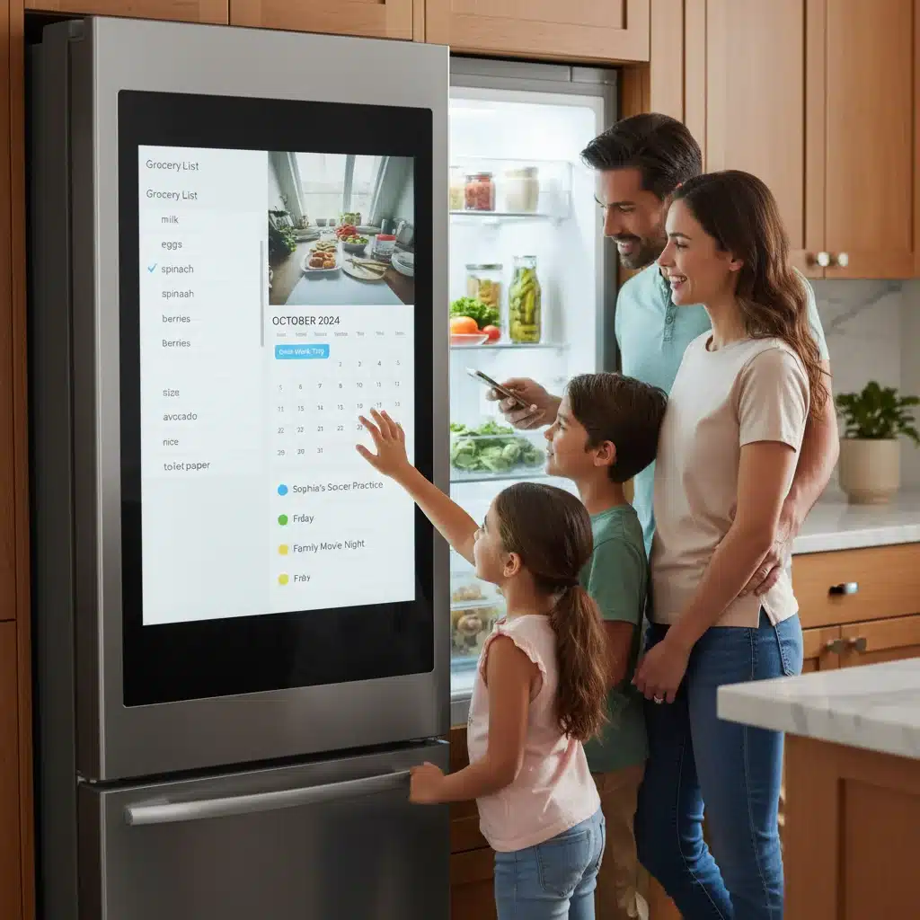 Smart refrigerator touch screen showing internal view and features.