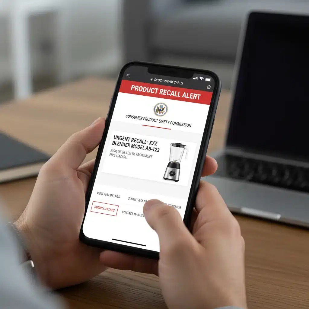 Smartphone displaying a product recall notification from an official website.